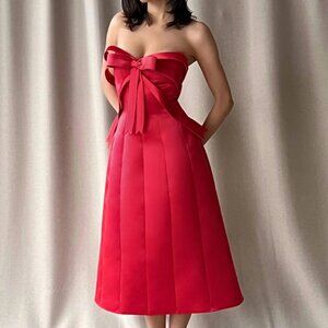 Lirika Matoshi Red Bow Strapless Midi Dress Satin